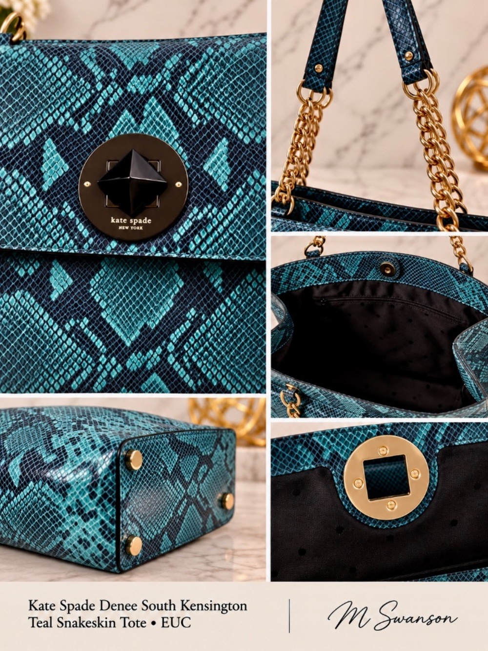 Kate Spade Denee South Kensington Teal Snakeskin Leather Tote Shoulder Bag - Picture 13 of 15